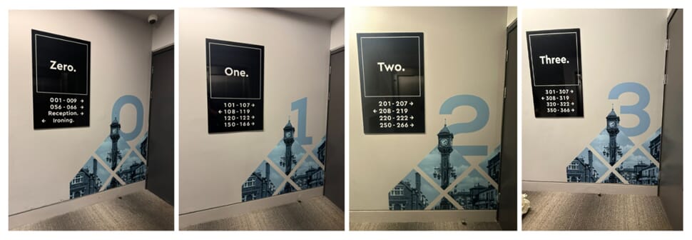 A collage of the wayfinding signage for different floors.